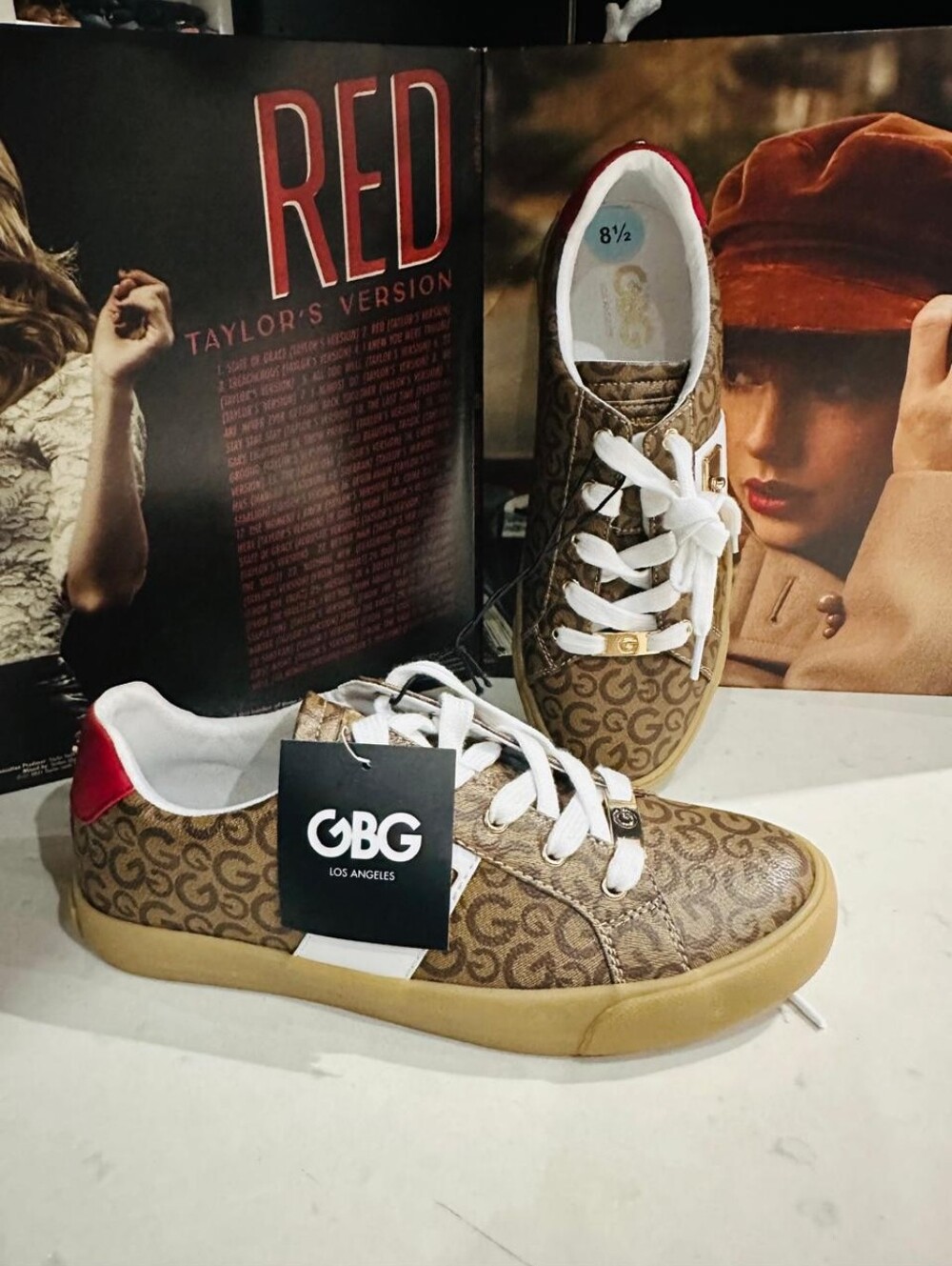 GBG Los Angeles Brown Monogram Low-Top Sneakers with Red Heel Detail For Women's